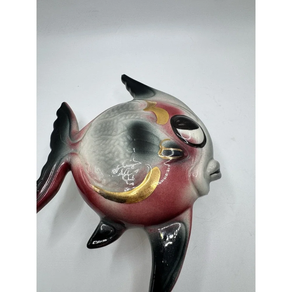 Vtg 1950 MCM Fish Wall Pocket Anthropomorphic Maroon Black Gold Planter Ceramic